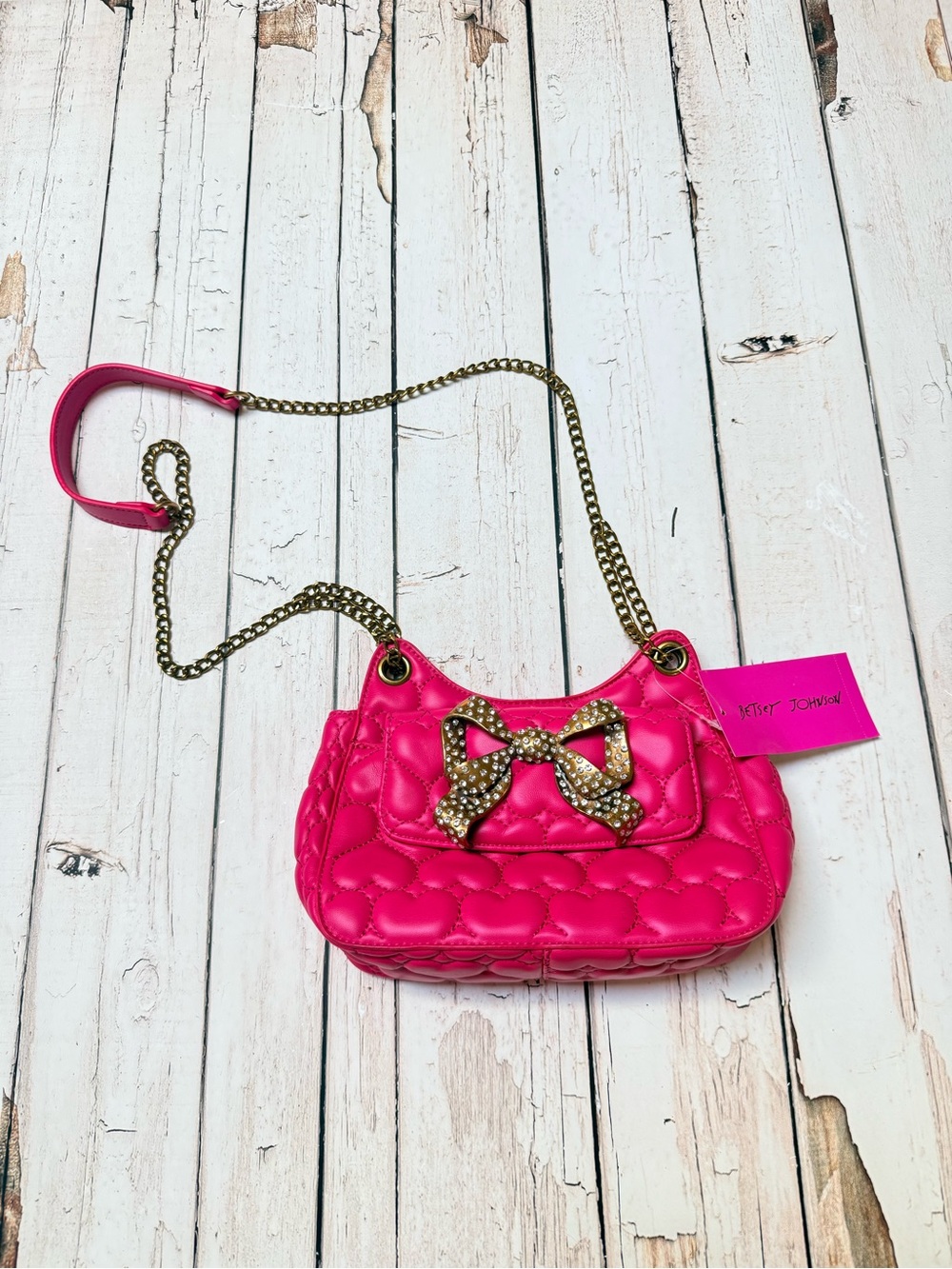 Betsey Johnson Hot Pink Quilted Bow Chain Crossbody